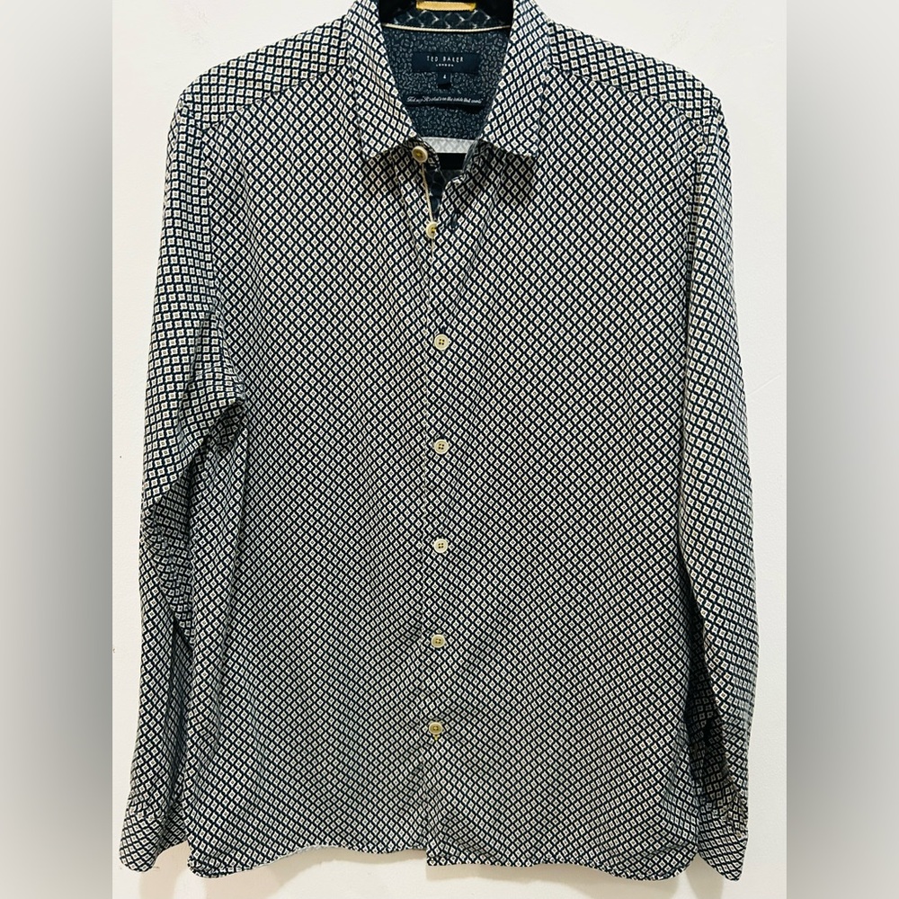 TED BAKER White, Tan  & Navy Geometric LS Mens Shirt Size 4 or L